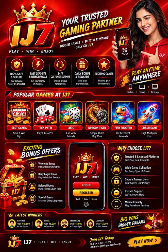 IJ7 Game platform banner featuring popular games, rewards and mobile app access