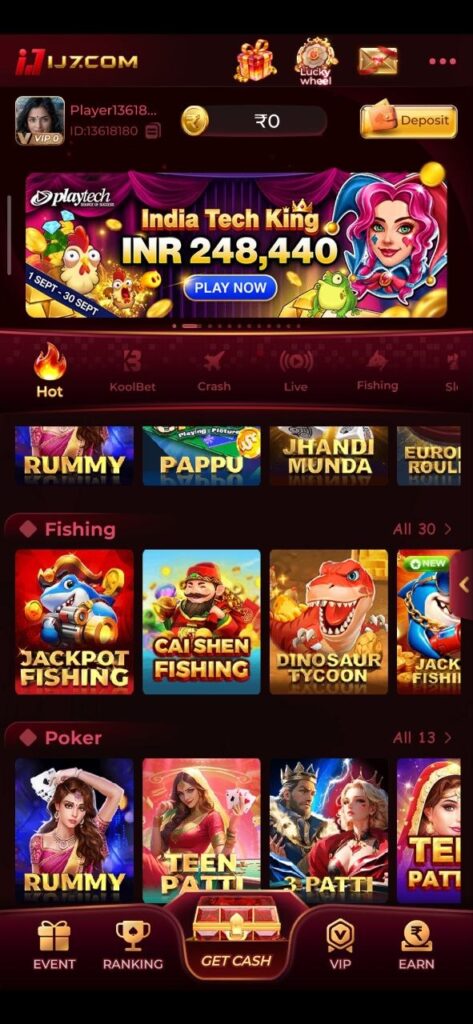 IJ7 Game lobby showing IJ7 App, IJ7 APK, IJ7 Download, fishing, poker, rummy, and Teen Patti games