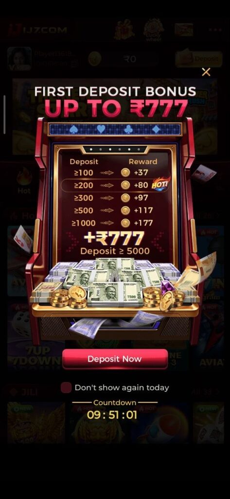 IJ7 APK first deposit bonus popup showing IJ7 Game rewards up to ₹777 and IJ7 App deposit offers